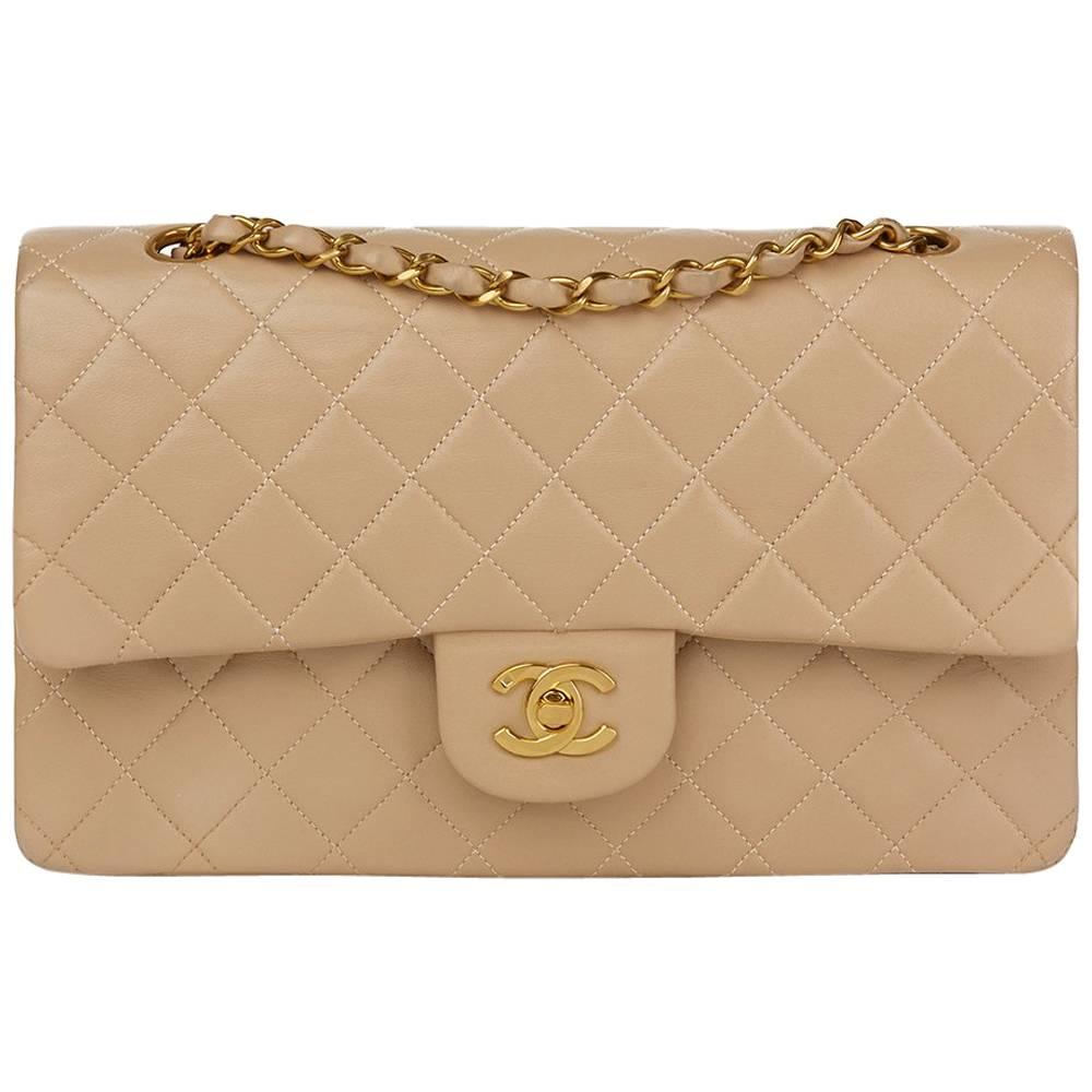 1995 Chanel Biege Quilted Lambskin Leather Medium Classic Double Flap Bag 