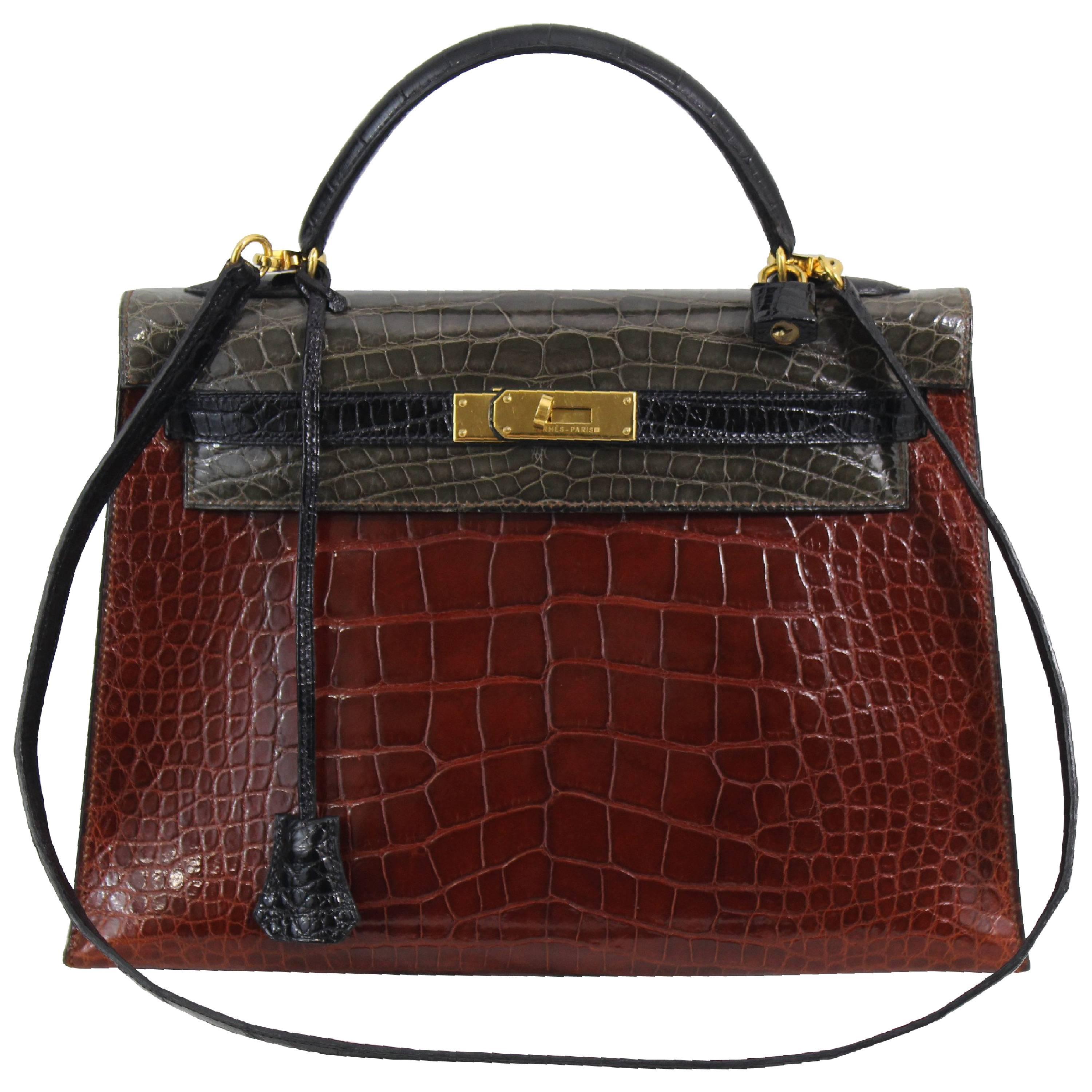   Hermes Tricolor Kelly 32 Alligator Bag, 1992  For Sale