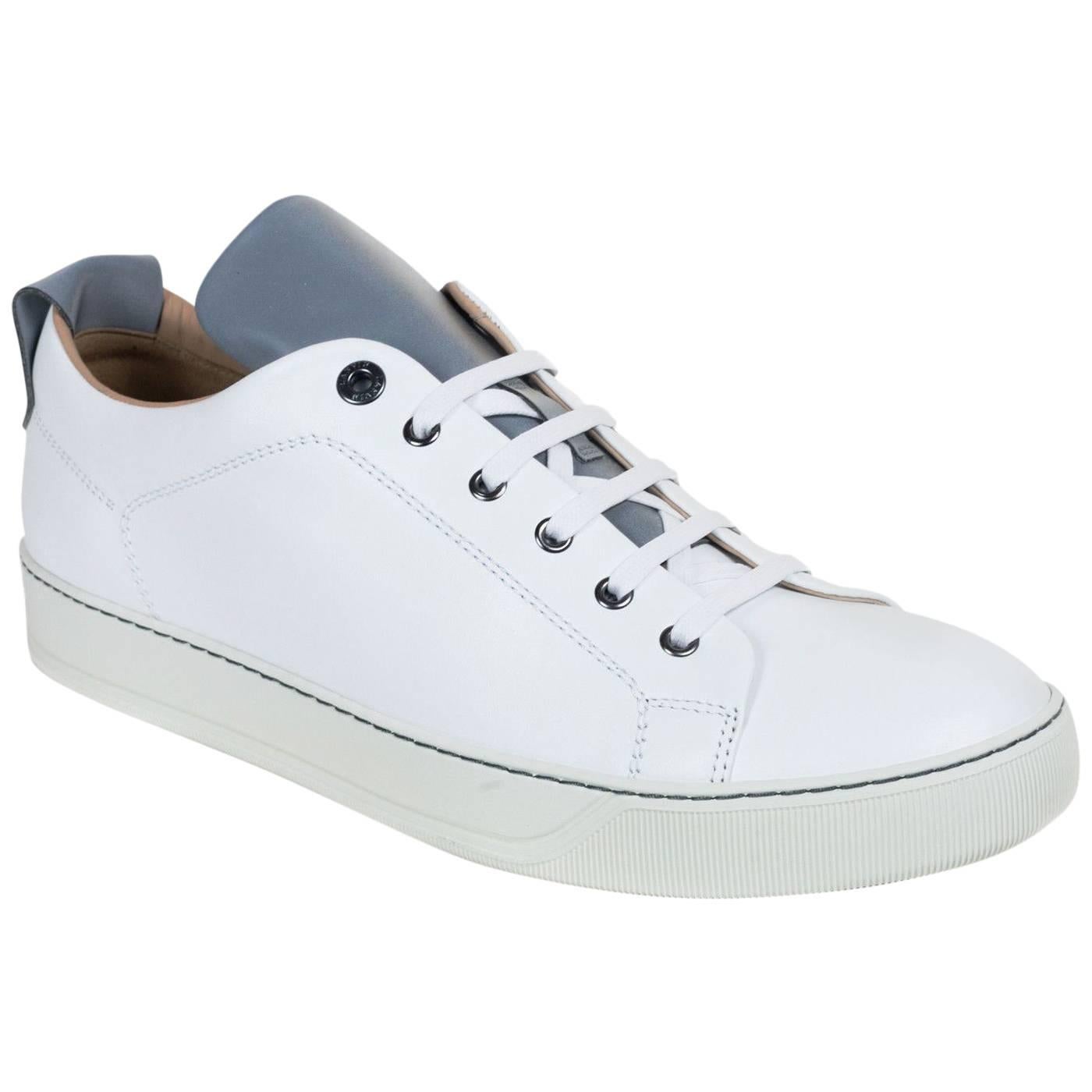 Mens Lanvin White Calfskin Two Tone Lace Up Low Top Sneakers For Sale
