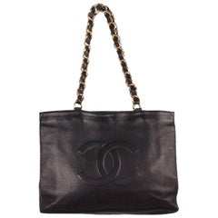 Chanel Vintage Black Leather Logo Gold Chunky Chain Large Shopping Bag