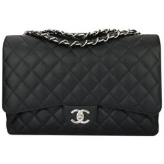 CHANEL Double Flap Maxi Black Caviar with Silver Hardware 2012