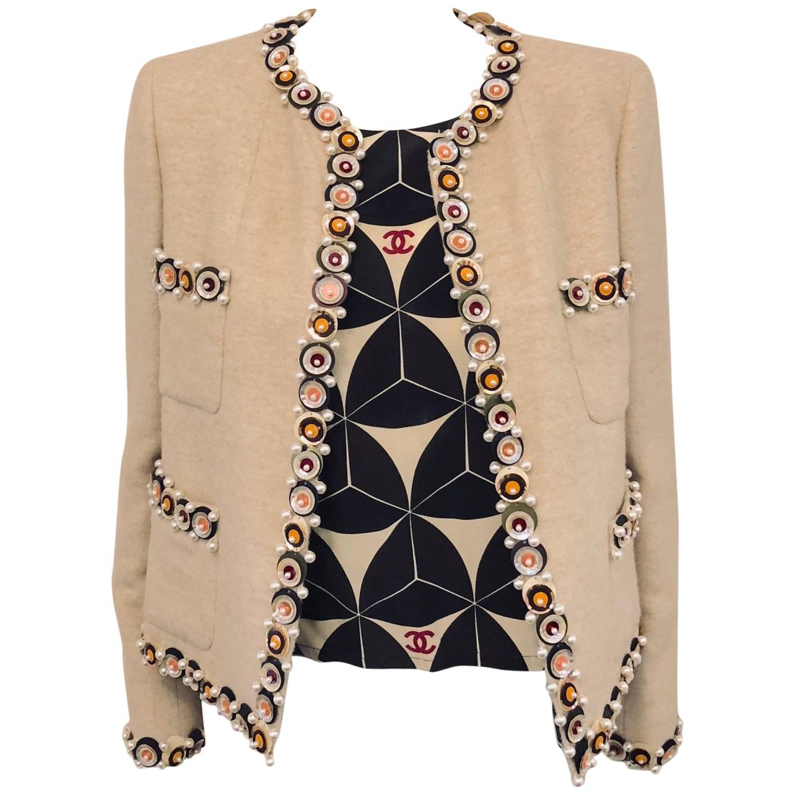 Cultured Chanel 2 Piece Beige Wool Blend Enhanced Large Sequins and ...
