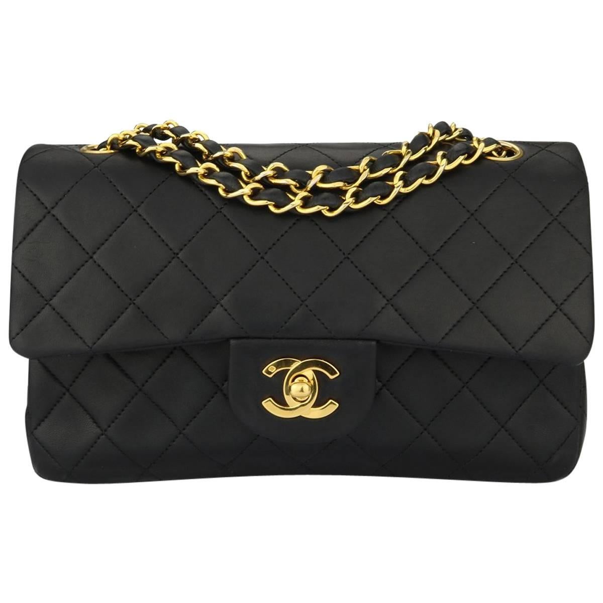 CHANEL Vintage Quilted Double Flap Small Black Lambskin with Gold Hardware 1991