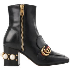 GUCCI A/W 2016 "Peyton" Black Leather Pearl Heel GG Buckle Ankle Boots Booties