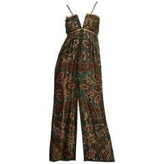 Gorgeous 1970s Pauline Trigere Vintage Metallic Gold Lamé Paisley Silk Dress