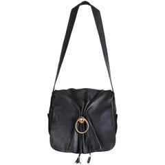 Retro Gucci Black Leather Bag w/Flap Closure & Enamel Tiger Head Door Knocker 