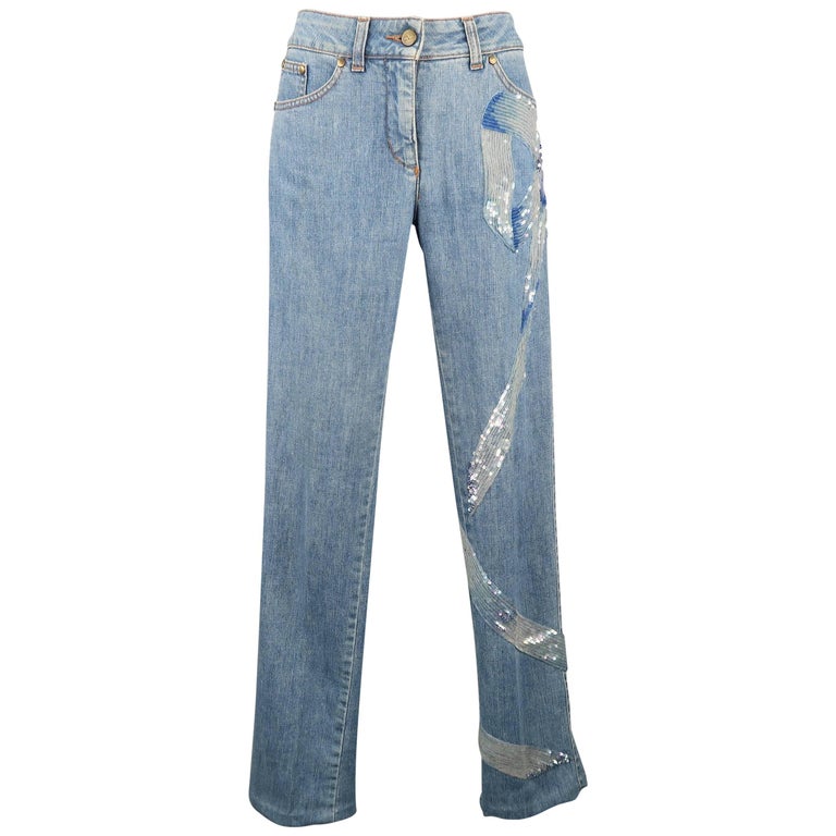 Valentino Light Wash Blue Beaded Sequin Bow Jeans For Sale at 1stDibs