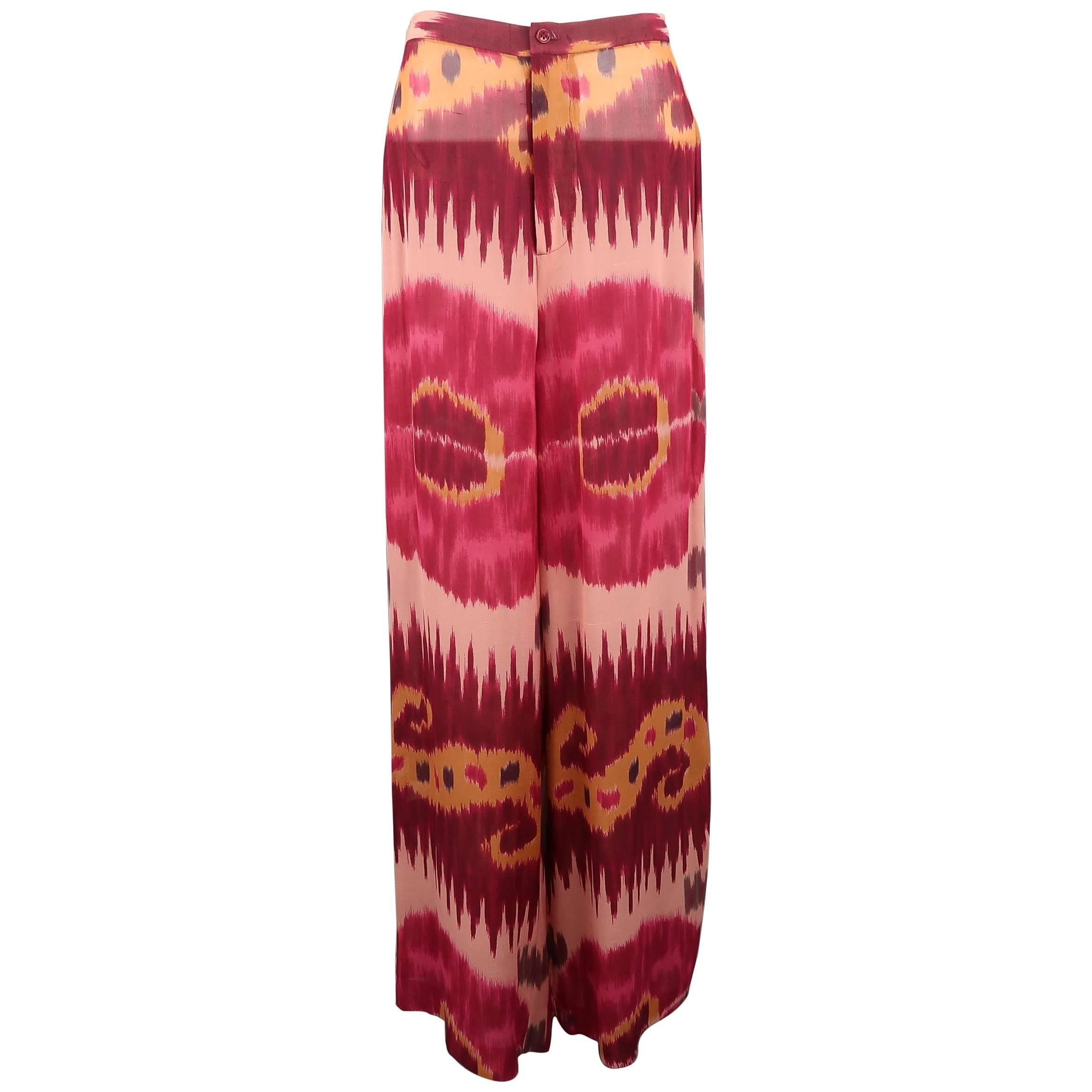 RALPH LAUREN Size 8 Pink & Burgundy Ikate Print Silk Chiffon Wide Leg Pants