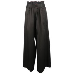 Yohji Yamamoto Black Cotton Wide Leg Belted Dress Pants