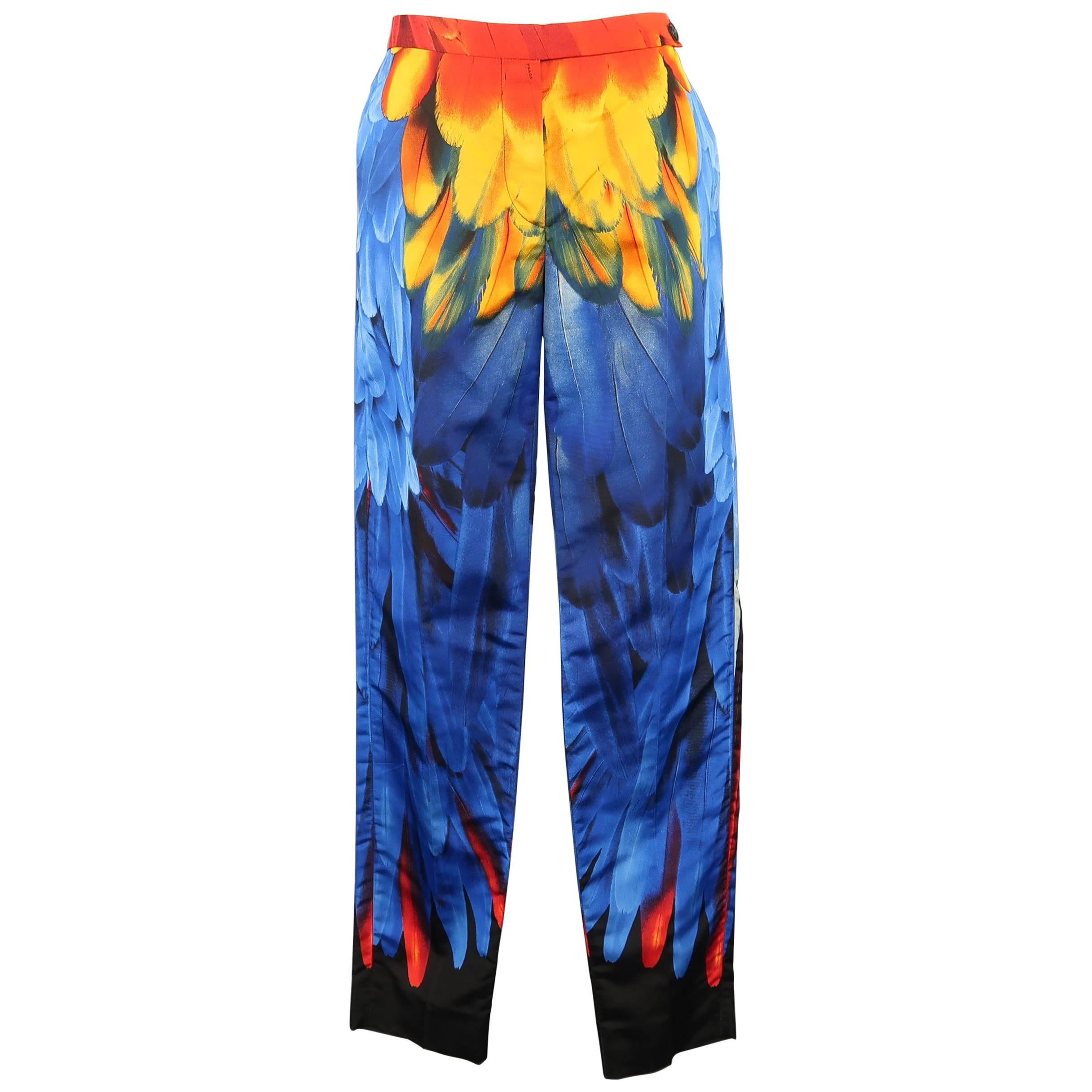 PRADA Pants - Spring 2005 Runway - Blue Red, Yellow Parrot Feather Silk Faille