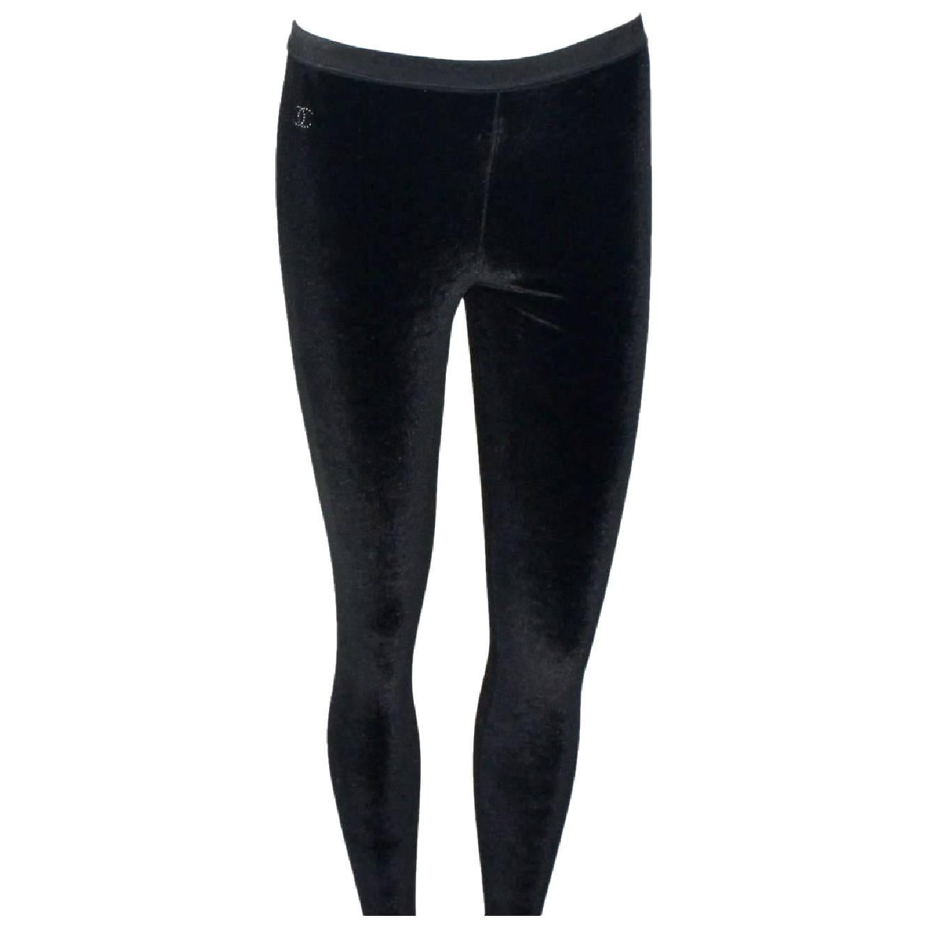 Chanel Black Velvet Crystal Logo CC Footed Leggings Pants with