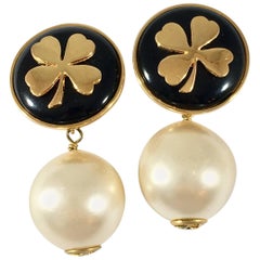 Vintage Chanel Pearl and Clover Dangle Clip-On Earrings 1970s