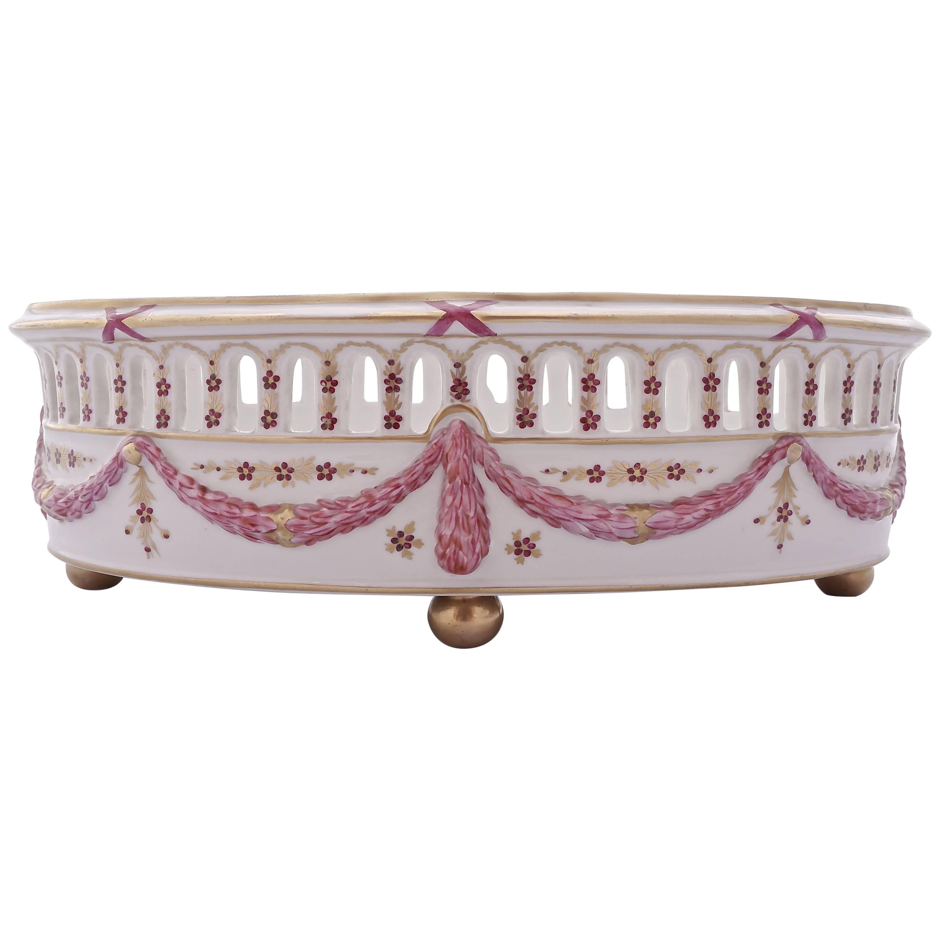 Delvaux R. Royale Paris Hand Painted Pink and Gold Oval Porcelain Basket