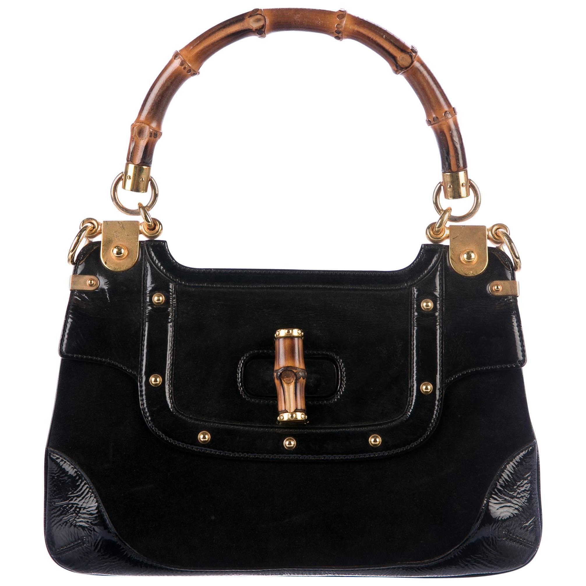 Gucci Black Bamboo Evening Top Handle Satchel Kelly Style Bag