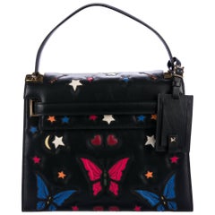 Valentino NEW Black Leather Embroidered Top Handle Kelly Style Satchel Bag
