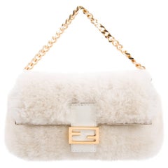 Fendi NEW Winter Fur White Gold 2 in 1 Clutch Evening Handle Chain Flap Bag