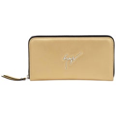 Giuseppe Zanotti NEW Gold Leather Metal Logo Top Zip Clutch Wallet in Box