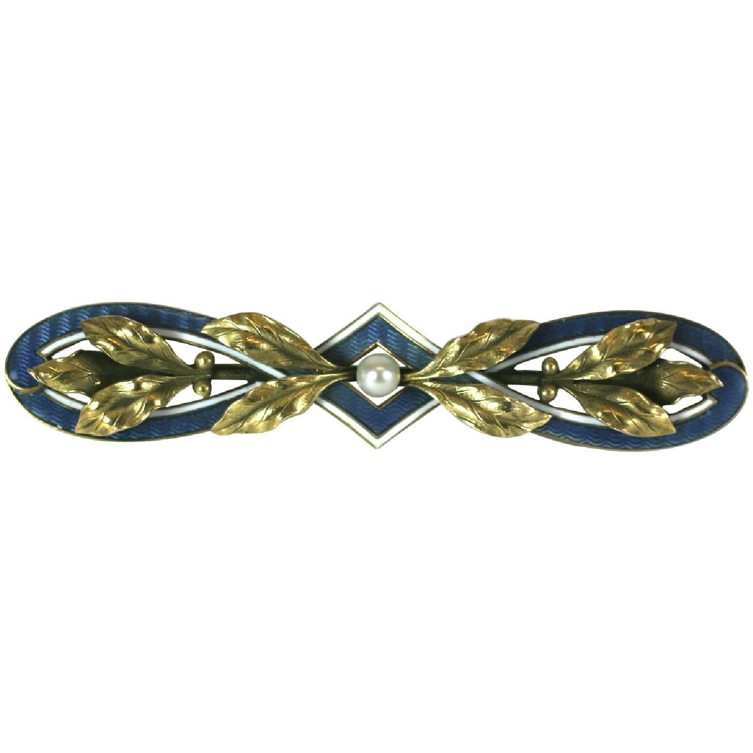 Edwardian Green Gold and Enamel Brooch