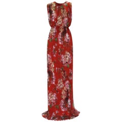 New Gucci Geranium Print Silk Plisse Long Dress Gown It. 40