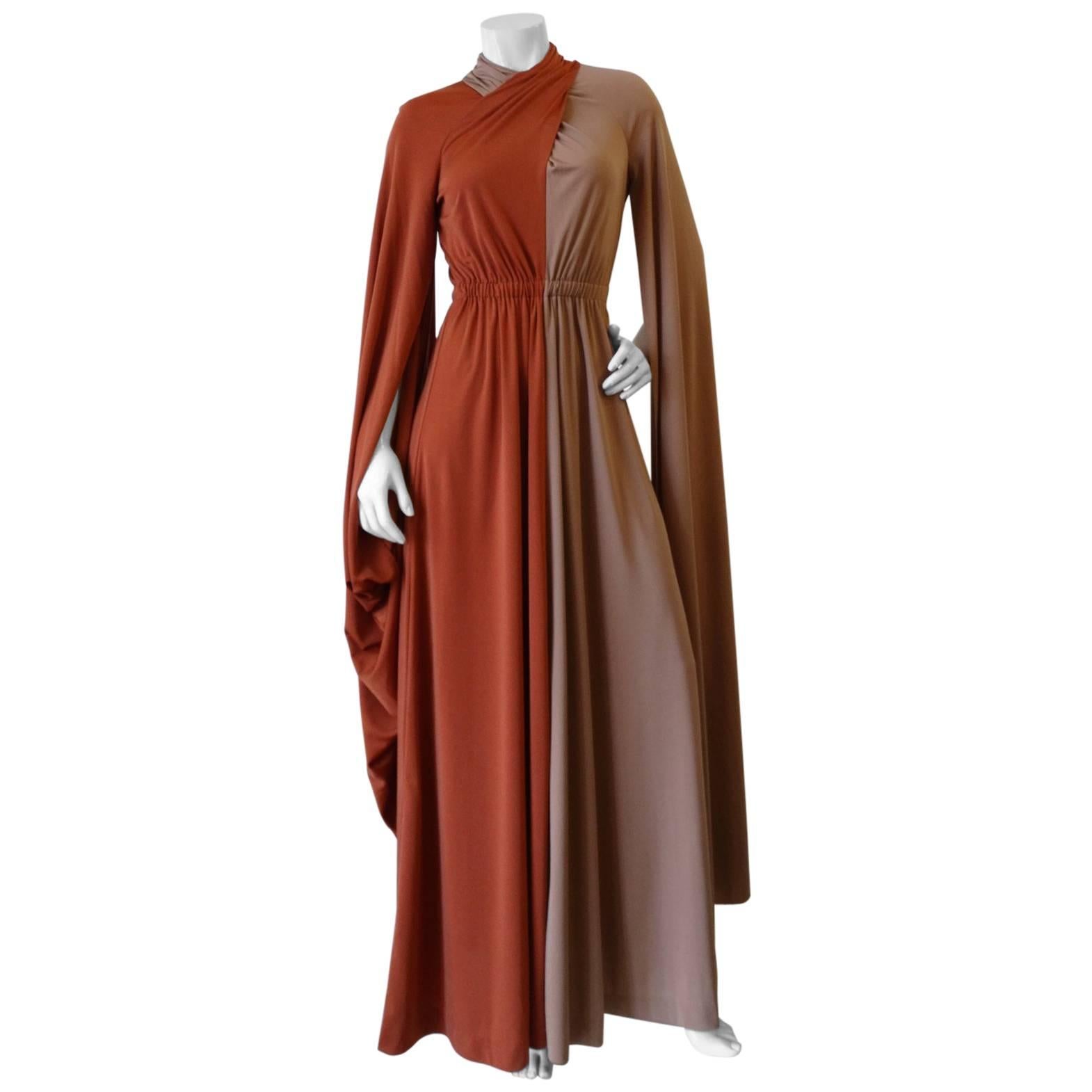 1970s Miss Elliette Two Tone Dramatic Sleeve Gown