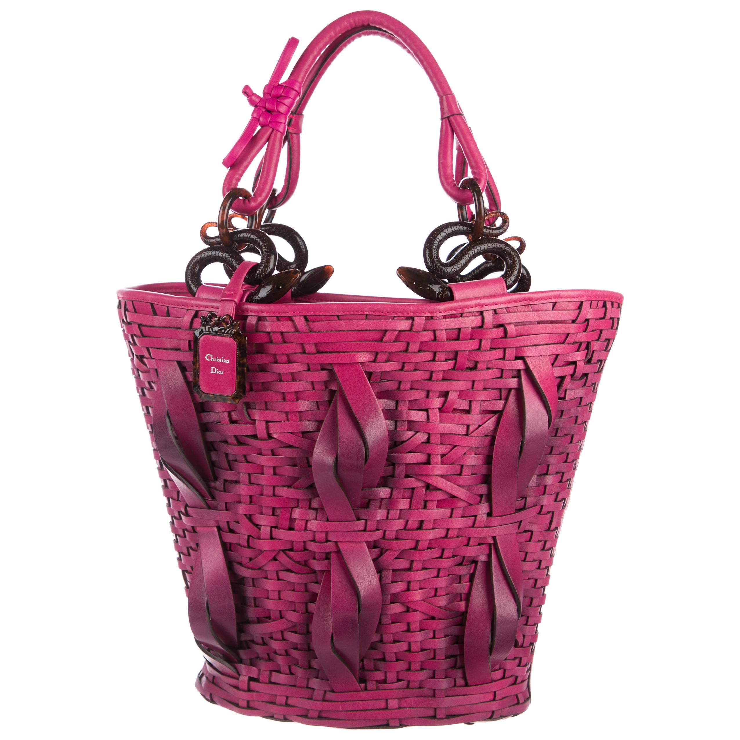 Christian Dior NEW Fuchsia Basket Weave Leather Top Handle Satchel Hand Bag