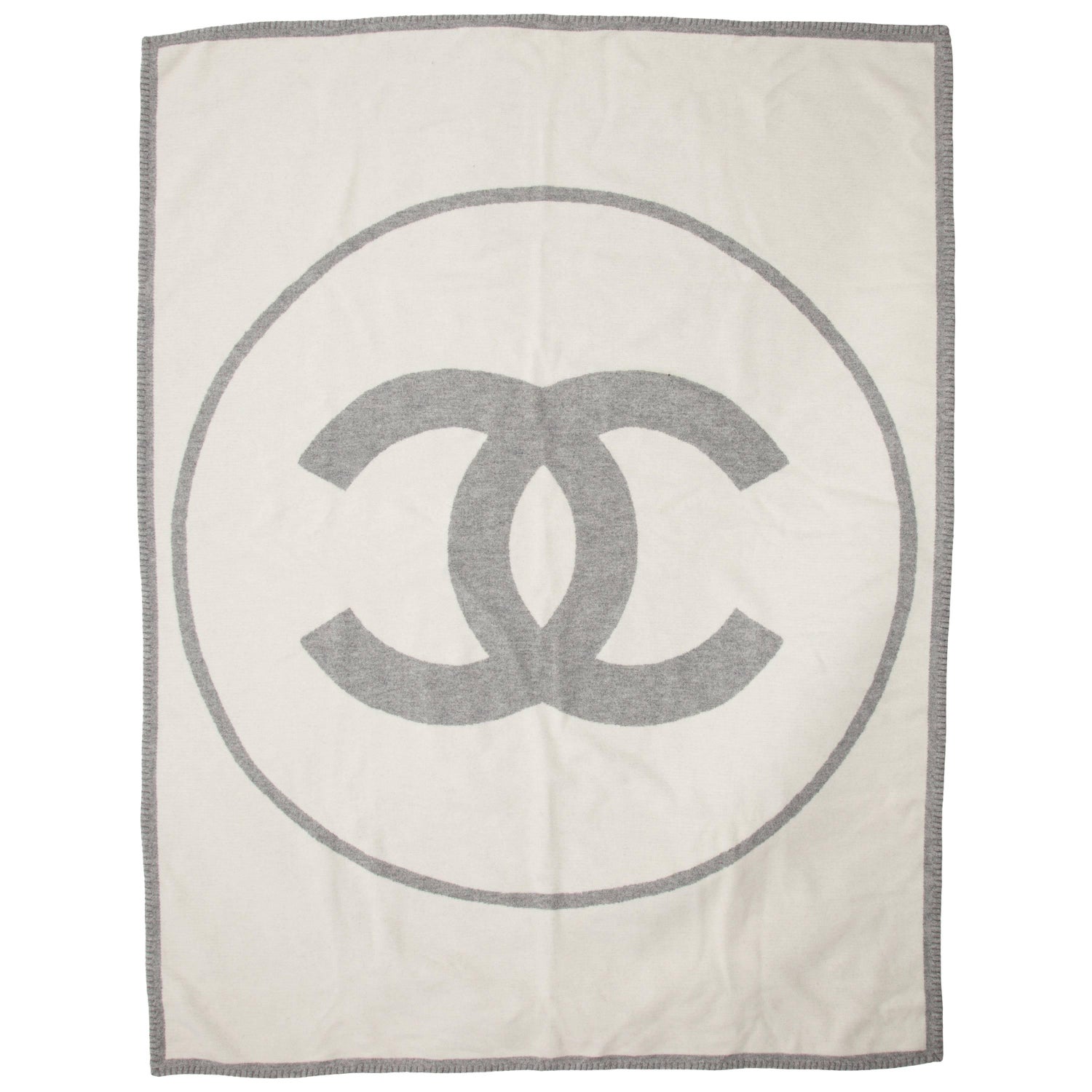 Chanel Gray Ivory Cashmere Home Couch Chair Wool Logo Throw Blanket