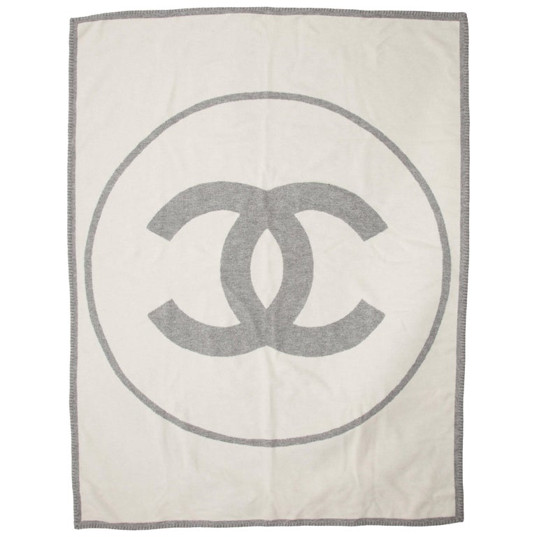 Chanel Gray Ivory Cashmere Home Couch Chair Wool Logo Throw Blanket at