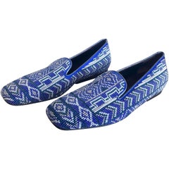 Brand New 1990s Donald J Pliner Size 7 Fully Beaded Blue Smoking Loafers Shoes