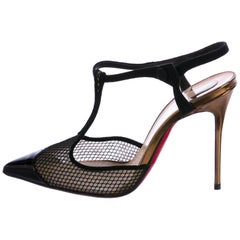 Christian Louboutin NEW Black Suede Mesh Ankle Strap Heels Sandals