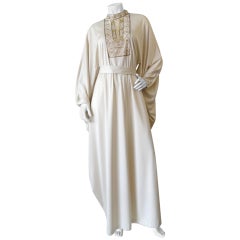 1970s Dramatic Sleeve Cream Beaded Caftan Dress 