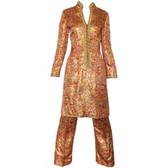 Incredible 1970s Neusteters Mosaic Print Tunic Dress + Flared Leg Pants Ensemble