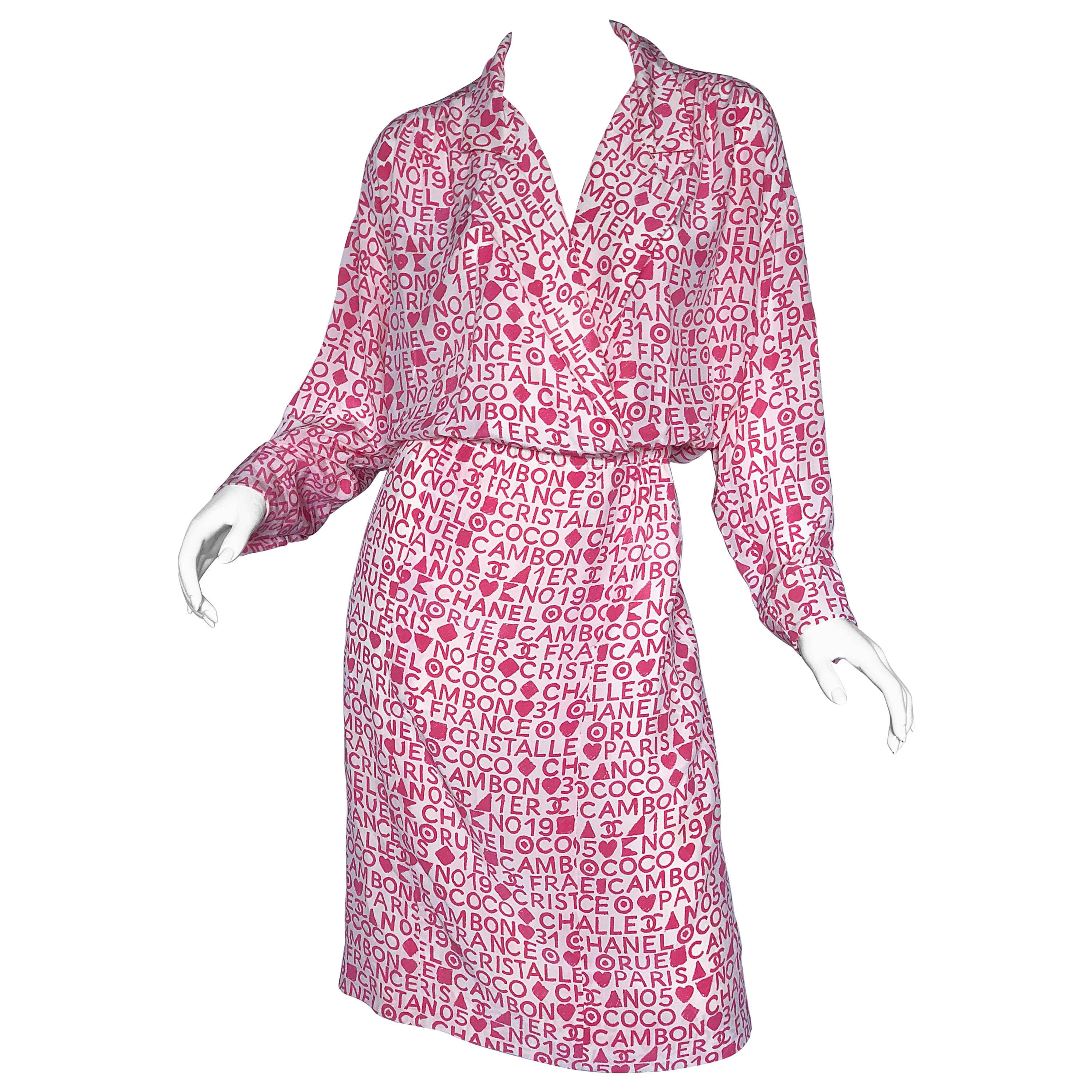 Vintage Chanel Karl Lagerfeld Large Size 44 Pink 80s Logo Silk 1980s Shirt Dress