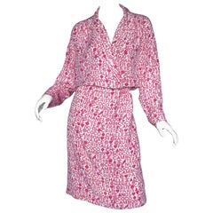Vintage Chanel Karl Lagerfeld Large Size 44 Pink 80s Logo Silk 1980s Shirt Dress