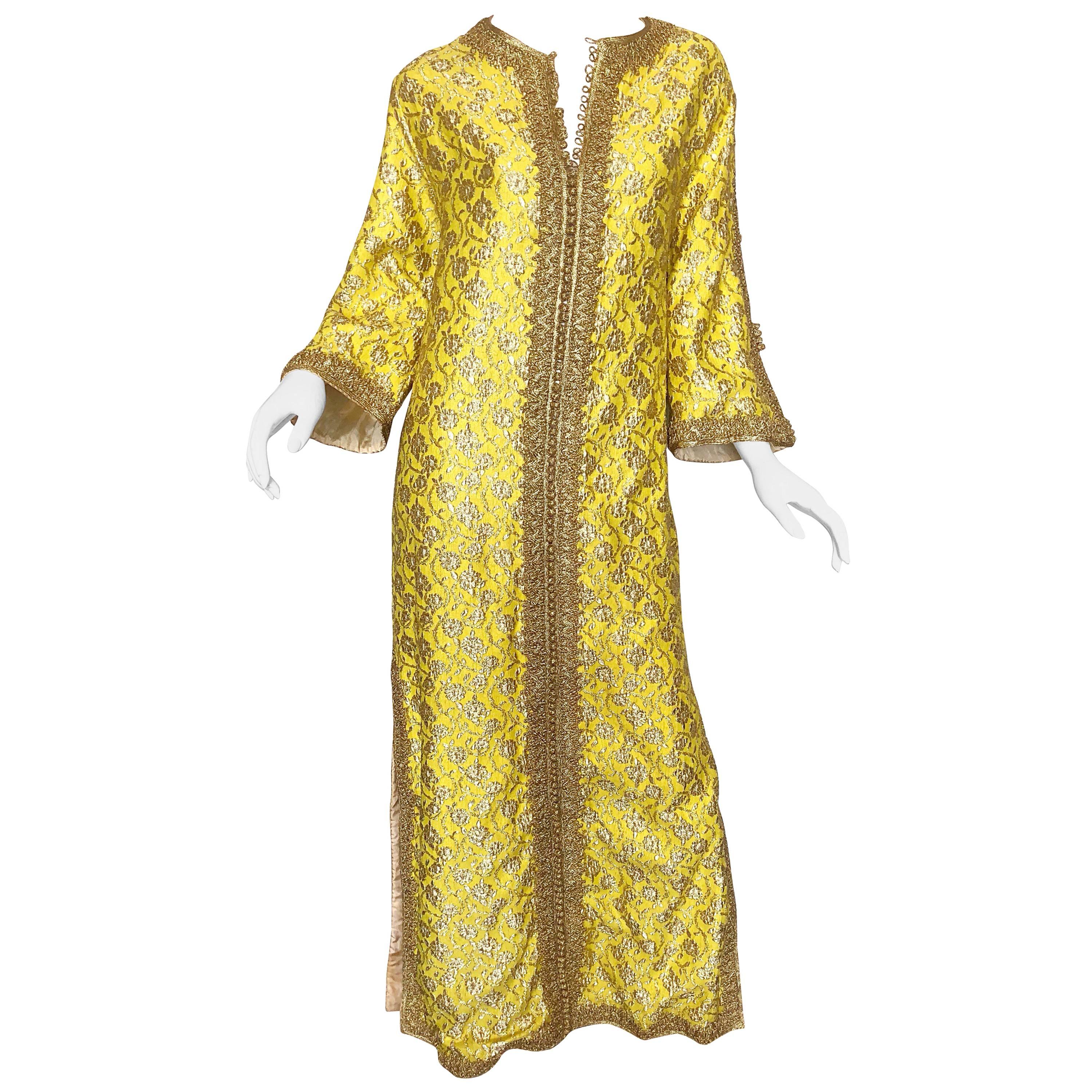 Amazing 1960s Moroccan Couture Silk Brocade Yellow + Gold Caftan 60s Maxi Dress