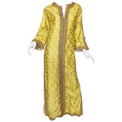 Vintage Amazing 1960s Moroccan Couture Silk Brocade Yellow + Gold Caftan 60s Maxi Dress