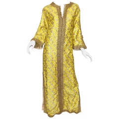 Amazing 1960s Moroccan Couture Silk Brocade Yellow + Gold Caftan 60s Maxi Dress