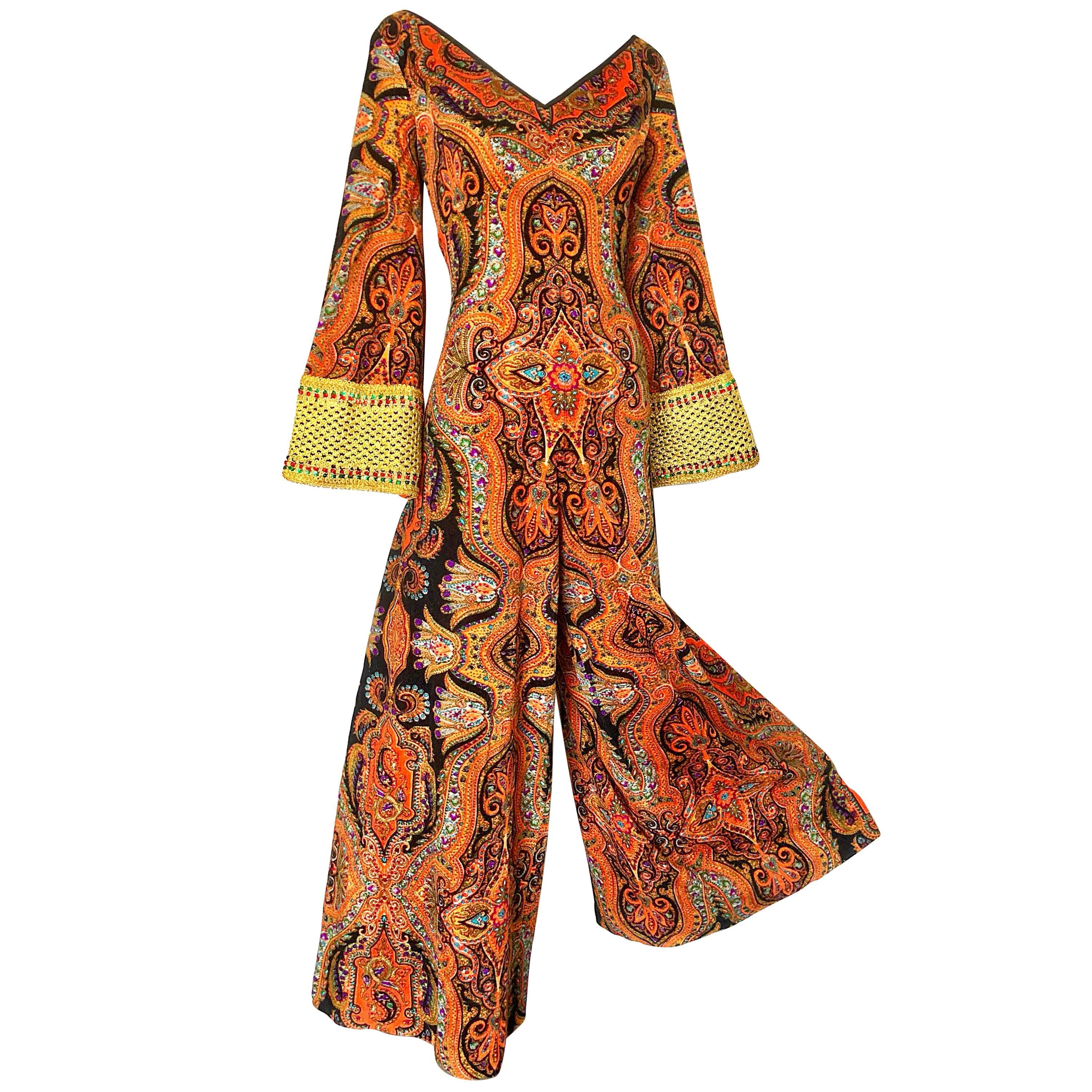 1970s Jay Morley Vintage Paisley Velour Sequin Bell Sleeve 70s Palazzo Jumpsuit