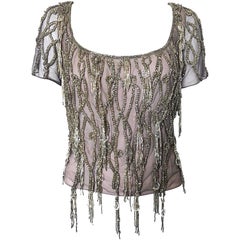 Vintage 1990s Badgley Mischka Couture Size 6 8 Lilac Grey Beaded Fringe Crystal 90s Top