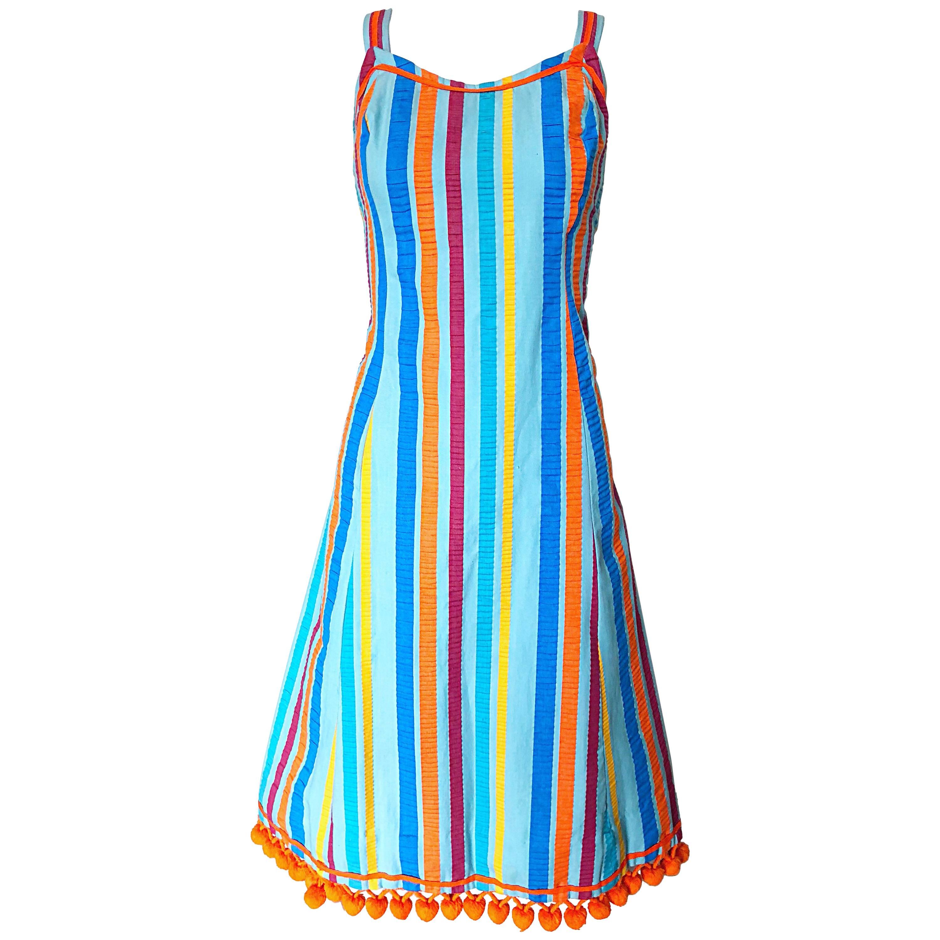 Whimsical 1960s Toby Tanner Colorful Striped ' Pom Pom ' Cotton 60s A Line Dress