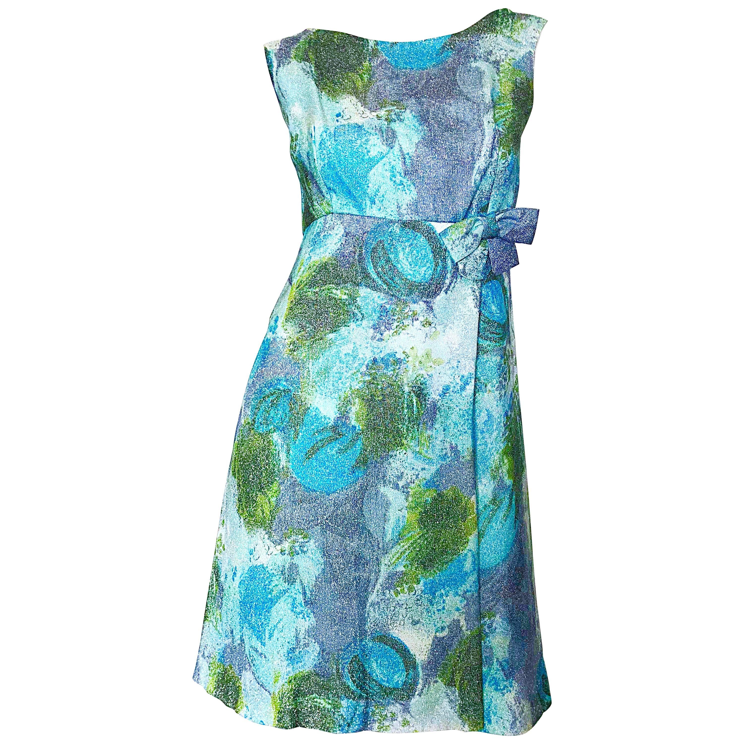 1960s Holt Renfrew Silk Lurex Blue + Green Metallic Watercolor 60s A Line Dress For Sale