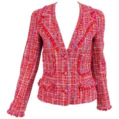 Chanel pink tweed four pocket cropped fringe jacket 04P 