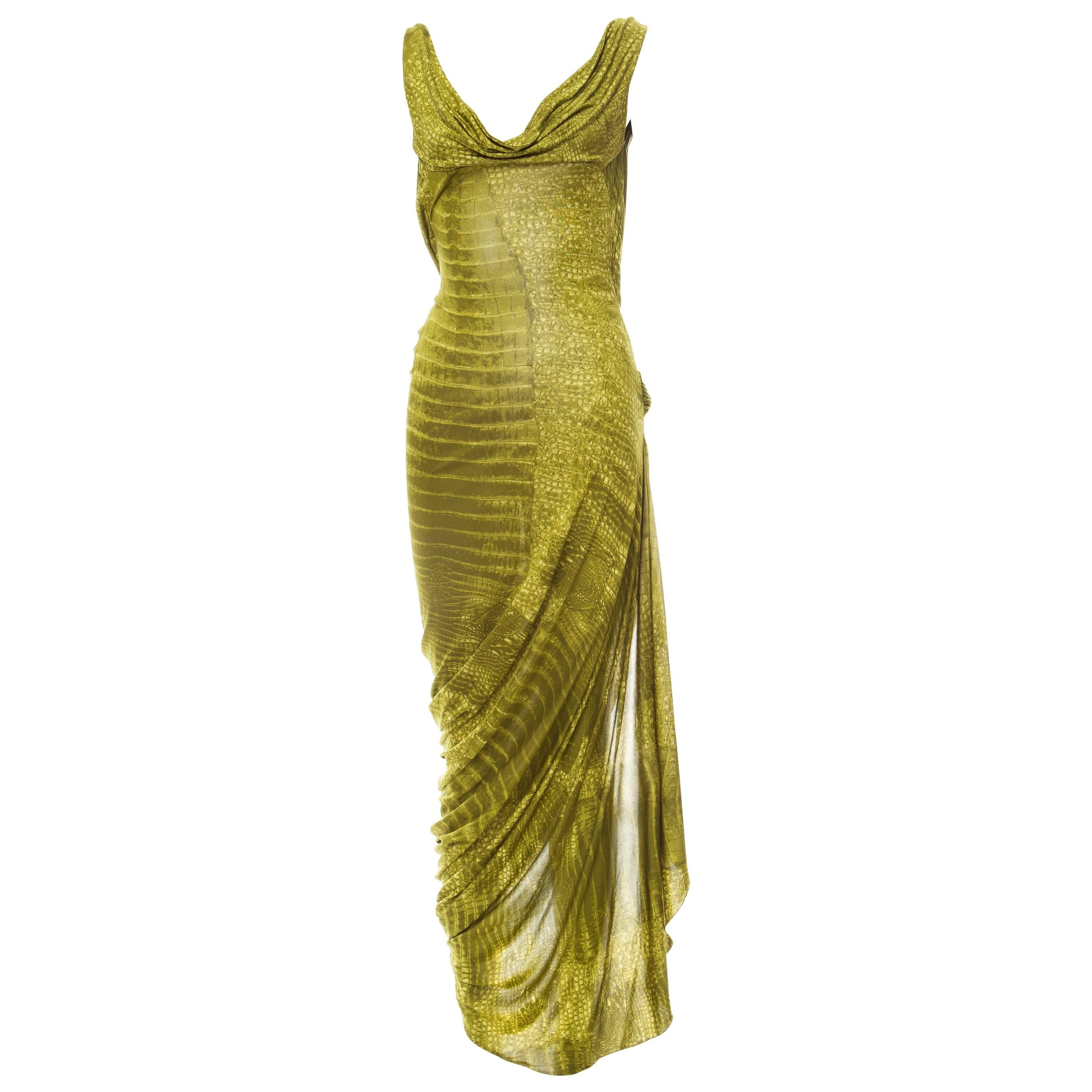 John Galliano Rare Alligator Print Green Bias Cut Vintage Backless Dress