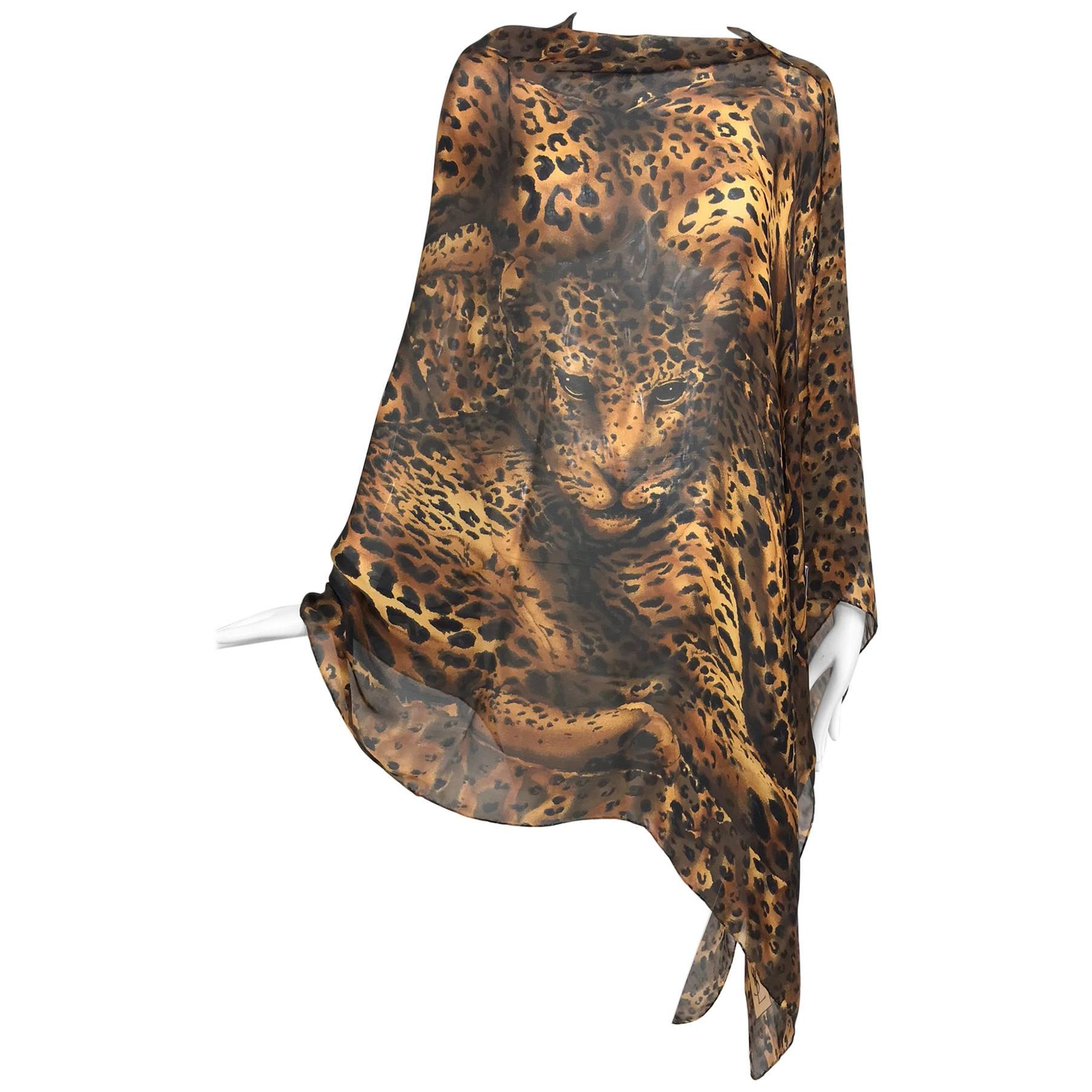 Yves Saint Laurent large leopard silk chiffon shawl scarf 