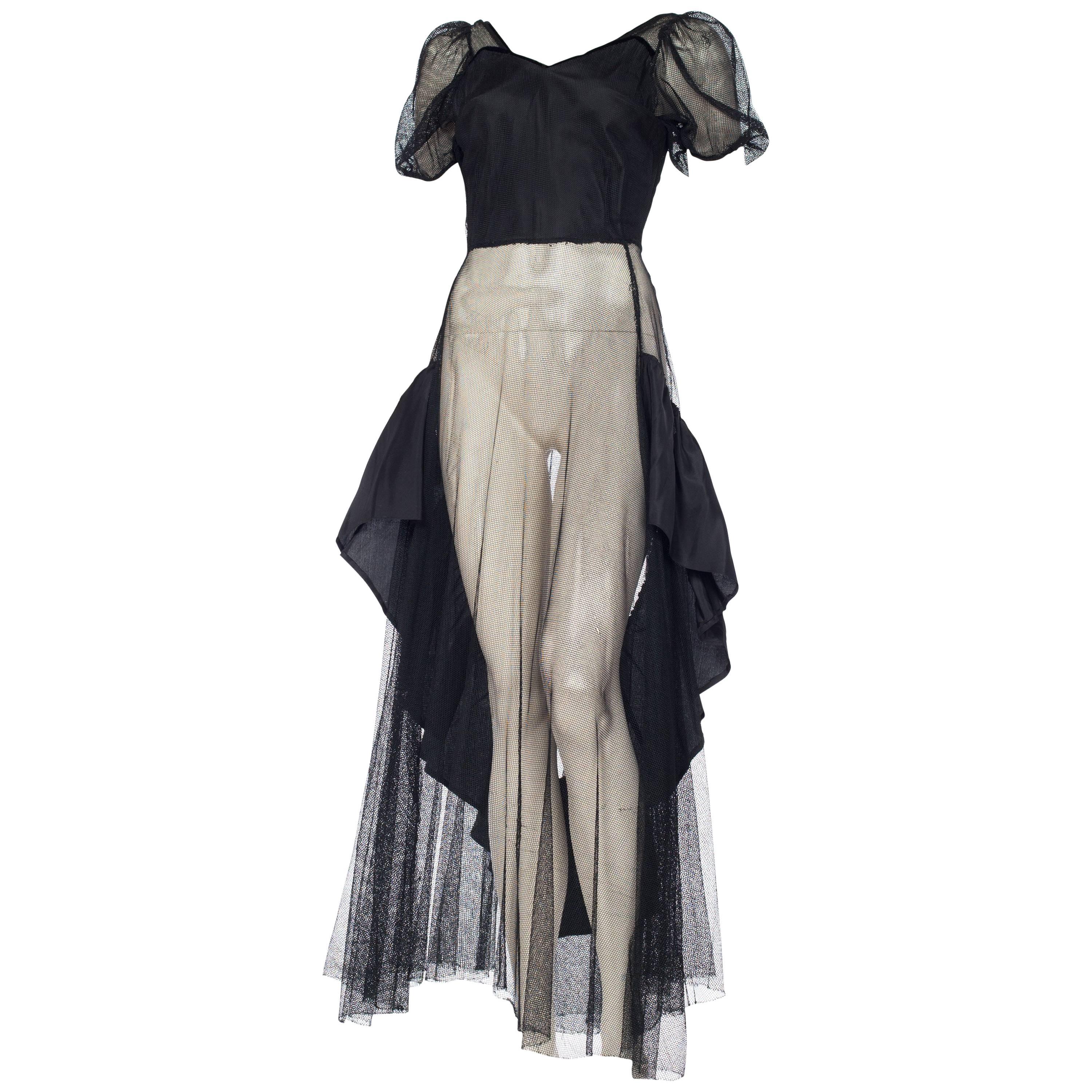 1930S Black Rayon Net Balloon Sleeve Gown With Taffeta Ruffles