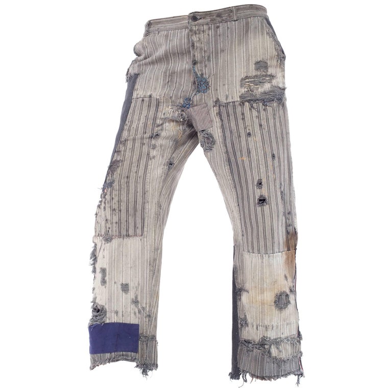 1930S Grey Cotton Railroad Stripe Men's Patched Distressed French