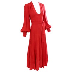 Vintage Ossie Clark Long Red Open Back Wrap Tie Belt Original Cuddle Dress, 1970s