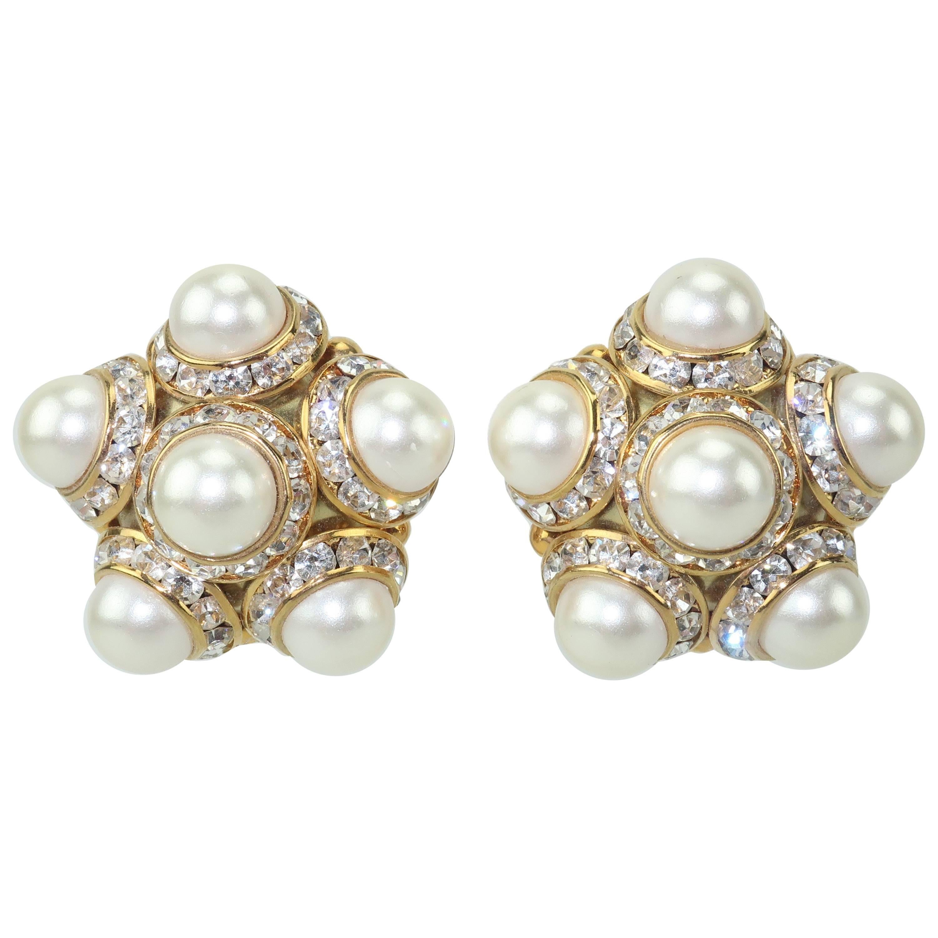 Faux Pearl and Rhinestone Vintage Clip On Earrings