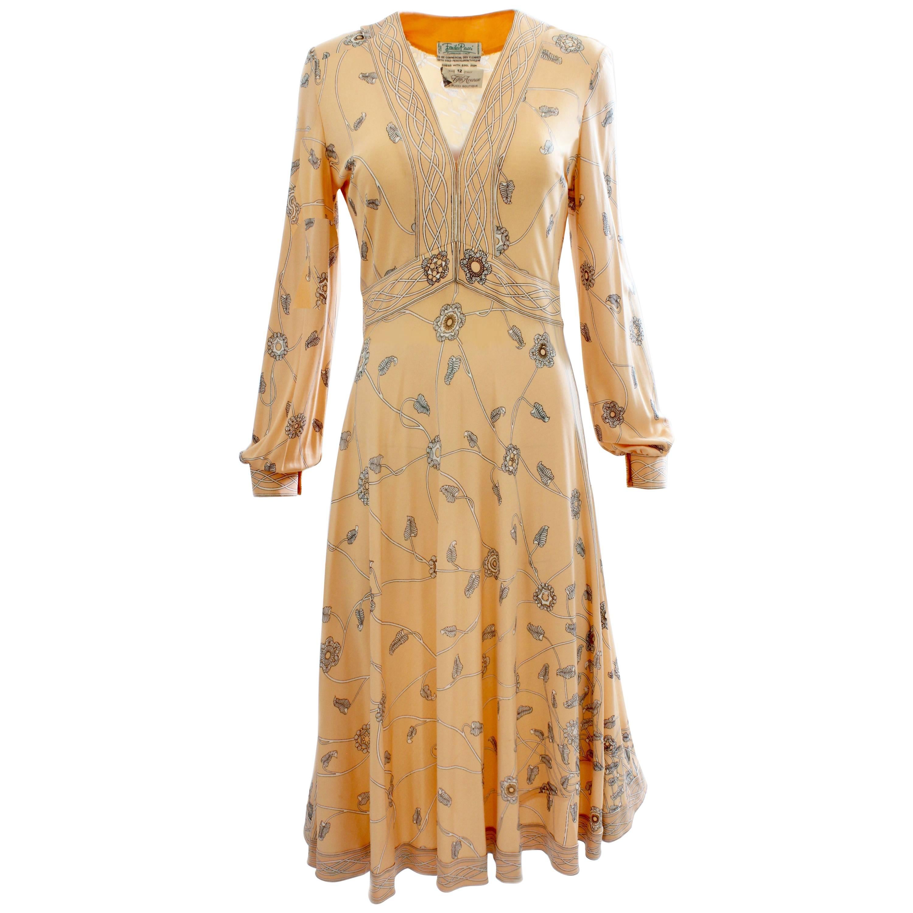 Emilio Pucci Peach Floral Graphic Print Silk Jersey Dress, 1960s