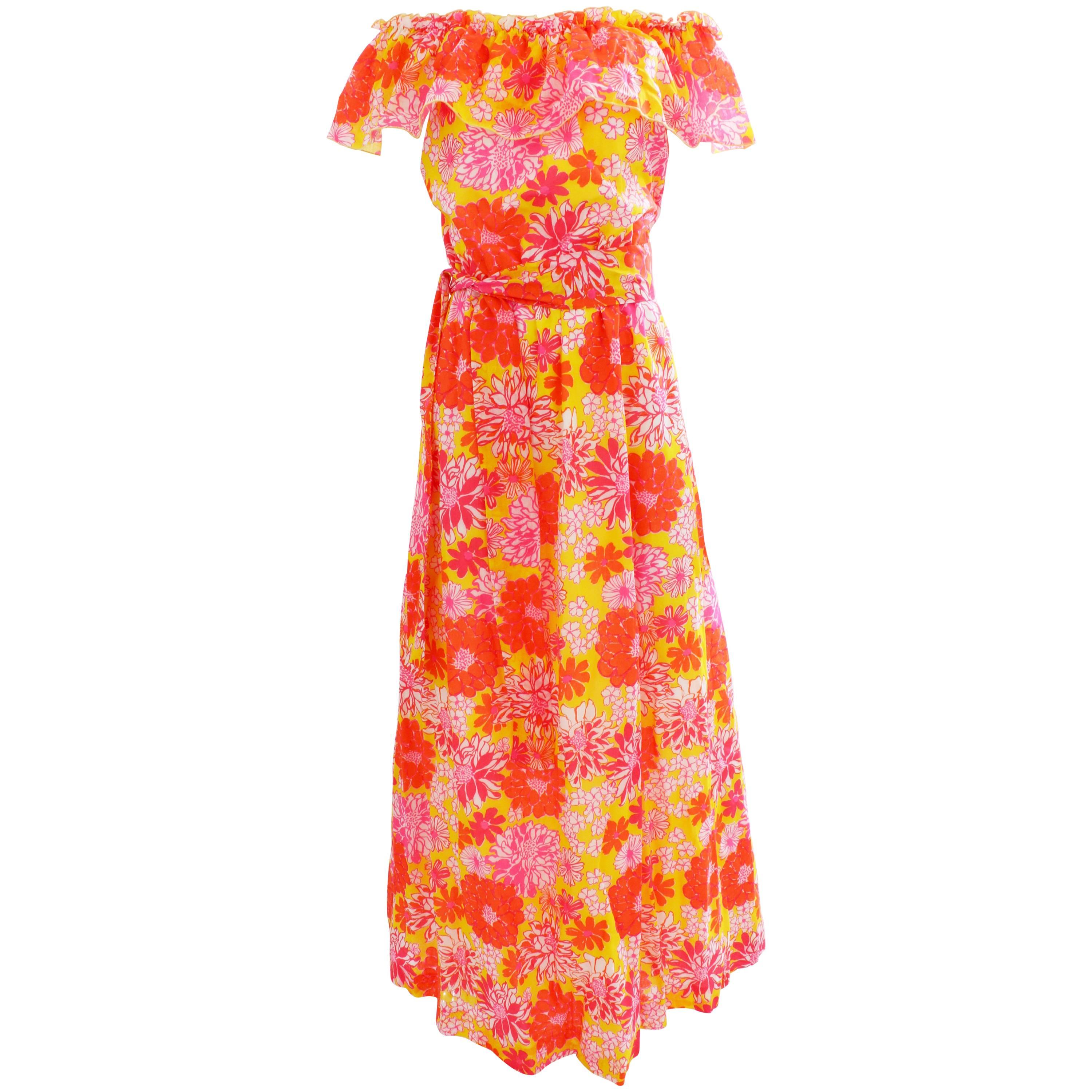 Lilly Pulitzer Floral Maxi Dress with Off Shoulder Ruffle Trim and Sash, 1970s