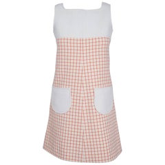 Retro 1967 Courreges Couture Ivory & Red Checkered Wool Mod Space-Age Mini Dress